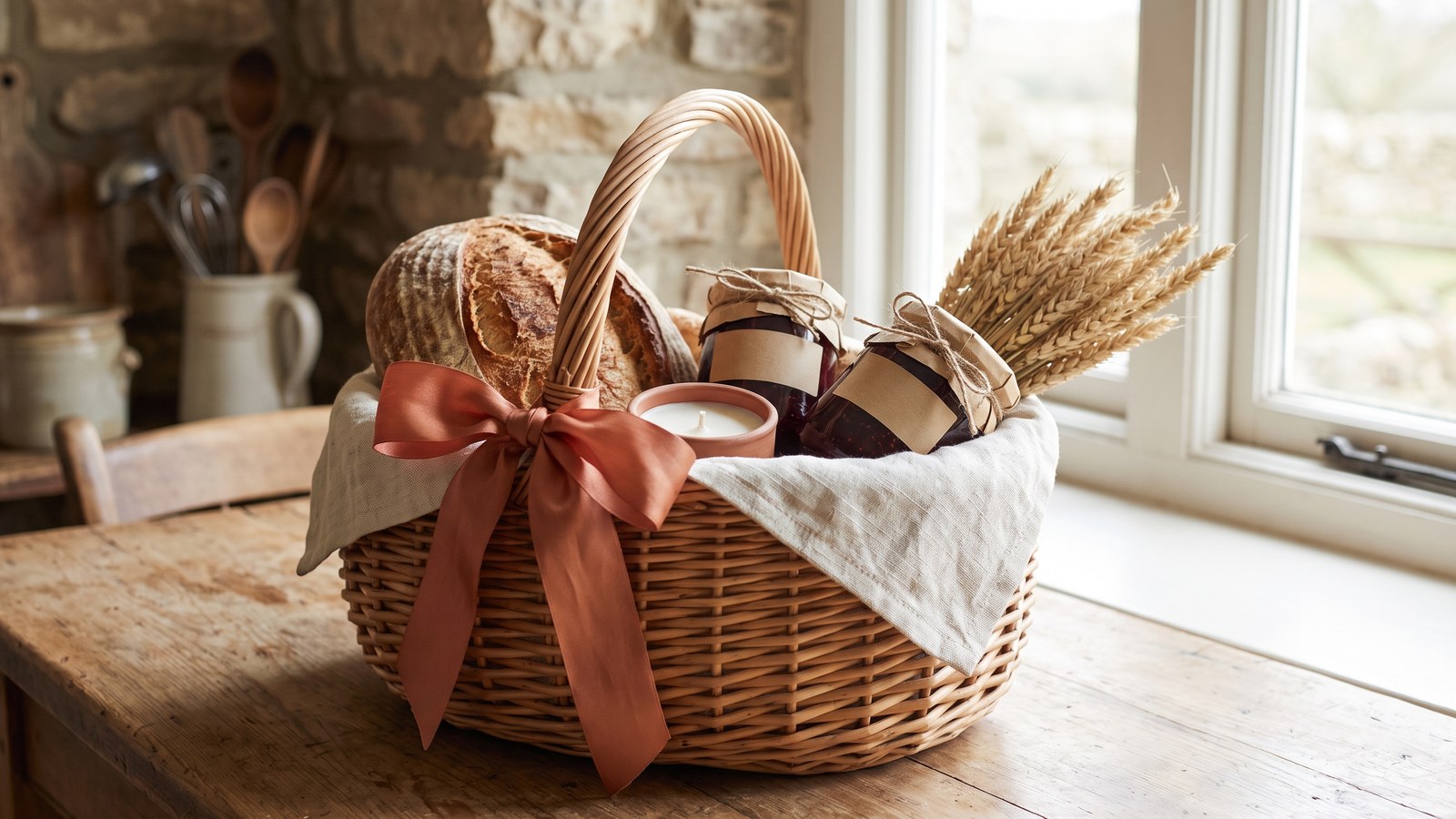 A farmhouse gift basket with fresh bread, preserves and a rust-orange ribbon on a kitchen table